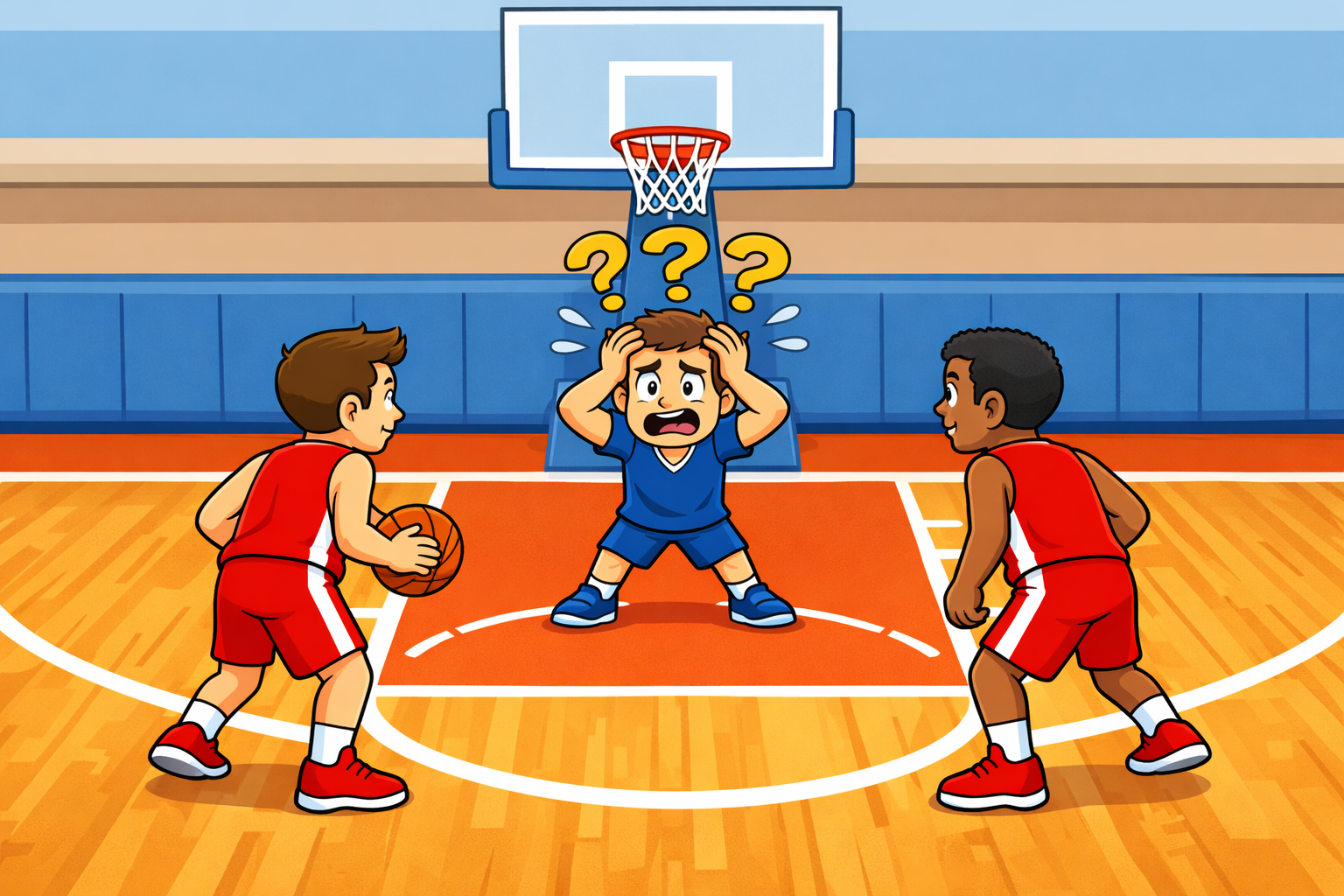 Cartoon showing a defender in the paint panicking with question marks as two offensive players attack from both sides